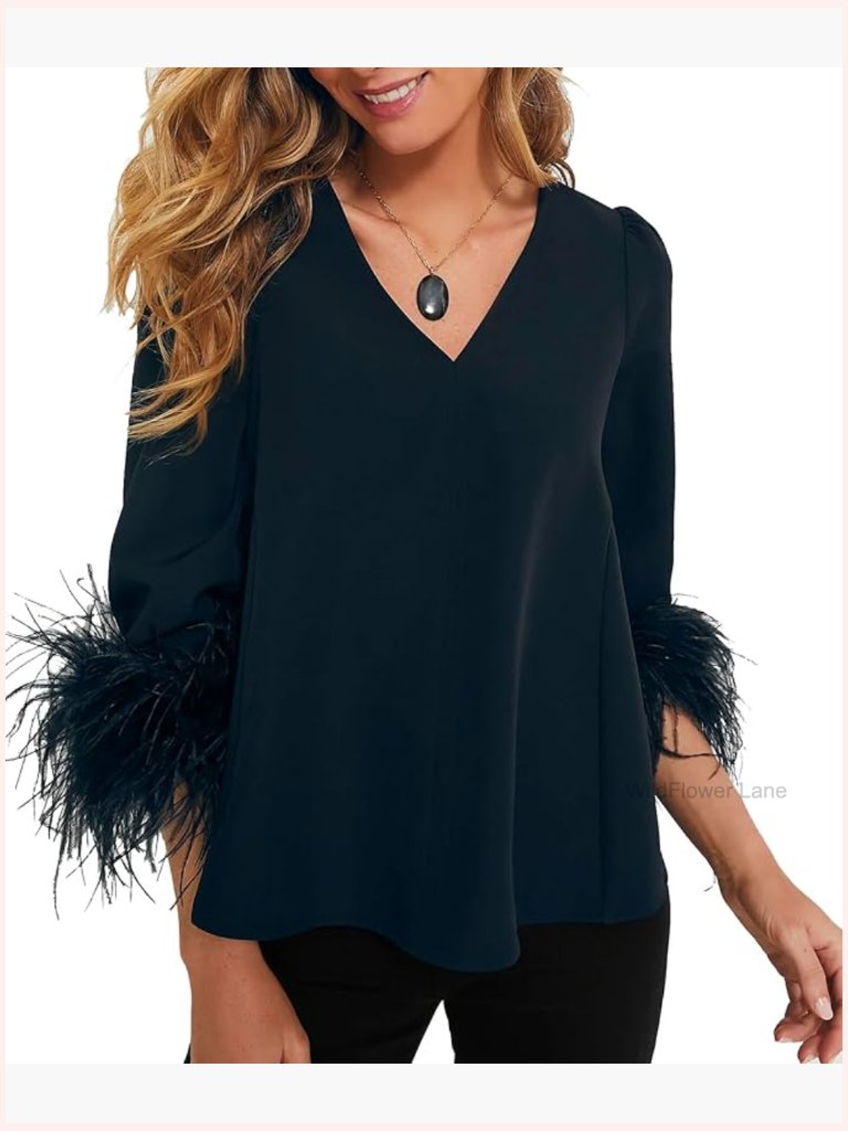 Feather Blouse Party Top 3/4 Sleeve Cuff V Neck Wedding Guest Blouse